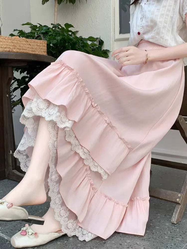 Elegant Pink Lace Trim A-Line Skirt