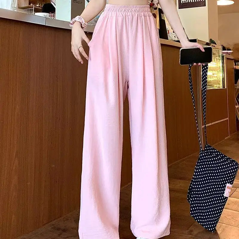 Casual Summer Ice Silk Wide Leg Pants Women's Floor-Length Draping Slimming Long Trousers Design Sense Polyester Satin