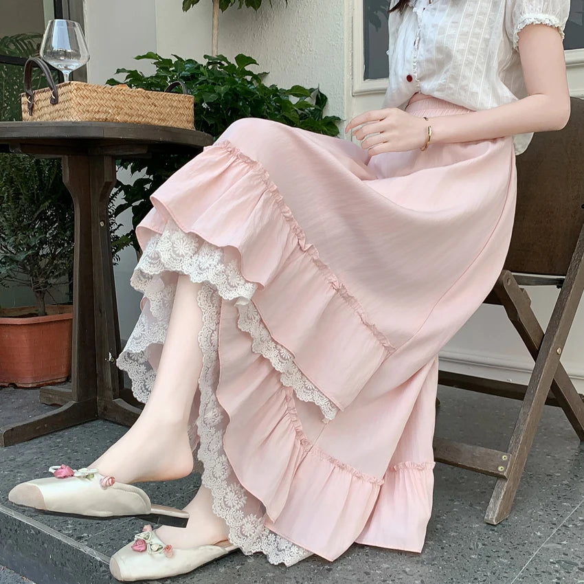 Elegant Pink Lace Trim A-Line Skirt – Summer Women's Asymmetrical Flared Hem Maxi Swing Skirt with Draped Sweet Design